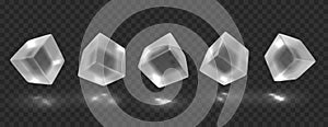 Transparent cubes in different angles with reflection. Isolated glossy geometric objects. Realistic 3d vector