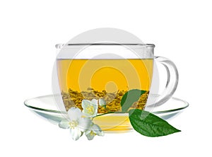 Transparent cup of green tea and jasmine flower isolated