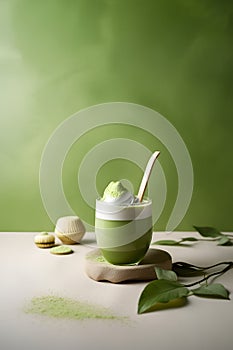 Transparent cup of matcha green tea with milk and milk foam on a wooden coaster, creative illustrattion. Hot matcha latte on light