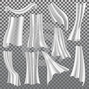 Transparent curtains, white drapery, vector 3D