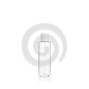 Transparent cylindrical PET bottle container with white cap. Packaging of antiseptic. Template of a bottle for cosmetics and