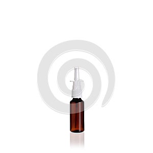 Transparent cylindrical small brown PET bottle with white nasal spray container. Template of a bottle for medical products