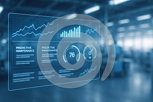 Transparent digital dashboard displaying predictive maintenance analytics and performance data in an industrial workspace