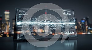 Transparent digital interface displaying various data visualizations, including graphs