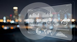 Transparent digital interface displaying various data visualizations, including line