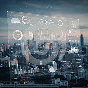 Transparent digital interface displaying various data visualizations such as bar