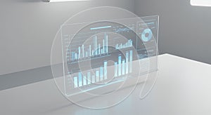 A transparent digital screen displaying data visualizations, including bar charts, line