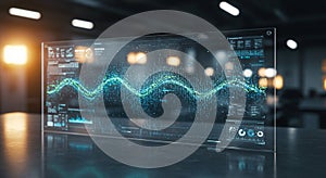 A transparent digital screen displays complex data visualizations in a dimly lit room.