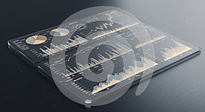 Transparent digital tablet displaying financial data analytics. The screen includes line