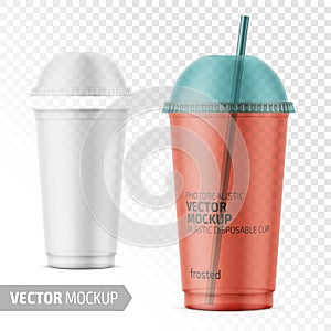 Transparent disposable plastic cup with dome lid.