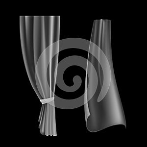 Transparent drapery. Waved curtain. Realistic flowing lightweight cloth. Interior decoration template. White drapes