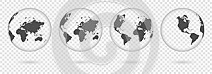 Transparent Earth globes from different sides with shadow. World map globe symbols set isolated on transparent background. Vector