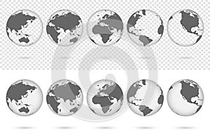 Transparent Earth globes from different sides with shadow. World map globe symbols set isolated on transparent, white background