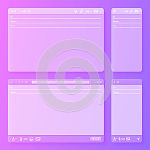 Transparent Email interface. Webmail mobile and desktop client app layout, new message form window vector UI template set