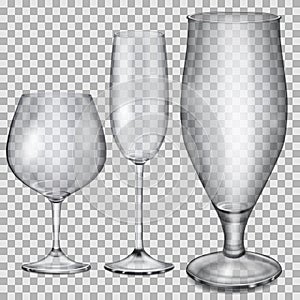 Transparent empty glass goblets for cognac, champagne and beer