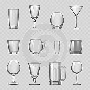 Transparent empty glasses and stemware drinks tumbler mug cups reservoir vessel realistic vector illustration photo