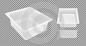 Transparent empty plastic container for cheese. Packaging for meat, fish and vegetables