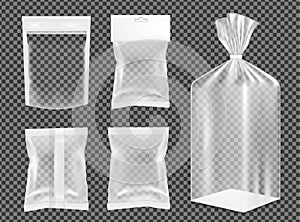 Transparent empty plastic packaging. Blank foil sachet for food
