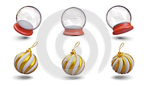 Transparent empty snow globes and Christmas tree balls with gold stripes