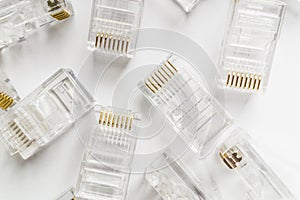 Transparent ethernet internet rj-45 connectors background on white