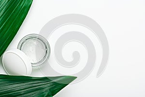 A transparent face care gel in a small jar on large green tropical leaves. Cosmetic beauty product for moisturizing face