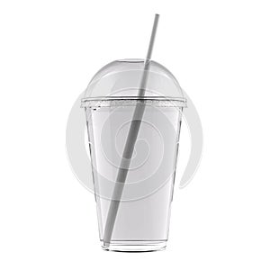 Transparent Fast Food Soda, Slush, Shake or Cola Cup with Buble Convex Lid and Drinking Straw Isolated on White Background.