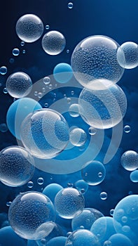 Transparent floating soap bubbles in blue background. Abstract macro shot with reflections and light effects