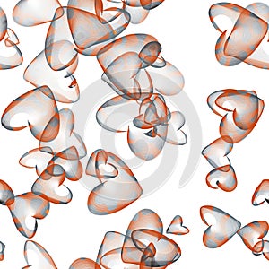 Transparent flying hearts on the white background. Abstract seamless pattern. Blue and orange colors