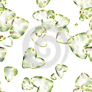 Transparent flying hearts on the white background. Abstract seamless pattern. Green and brown shades and colors