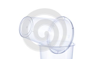 Transparent food grade plastic round glass with a lid 350 ml, plastic containers on white background , food plastic box isolated