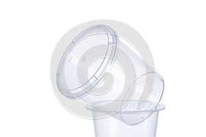 Transparent food grade plastic round glass with a lid 400 ml, plastic container on white background , food plastic box isolated on