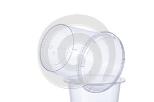 Transparent food grade plastic round glass with a lid 400 ml, plastic container on white background , food plastic box isolated on