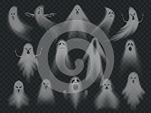 Transparent ghost. Horror spooky ghosts, halloween night ghostly ghoul. Scary phantom vector illustration set