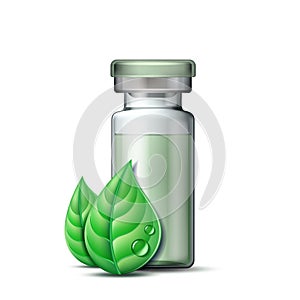 Transparent glass ampule with vaccine or drug for medical treatment and two green leaves.