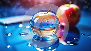 Transparent glass apple with water drops on a blurred bokeh background. 3D AI generated image.