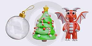 Transparent glass ball, Christmas tree with toys and candy canes, red dragon