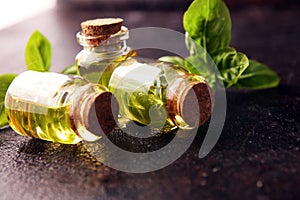 A transparent glass bottle of basil essential oil with fresh basil leaves on rustic table