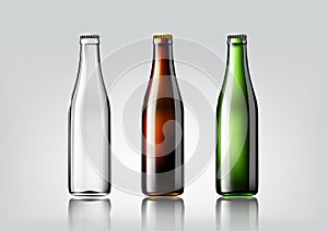 Transparent glass bottle, brown bottle and green bottle for design package and advertisement, beer and beverage, Vector