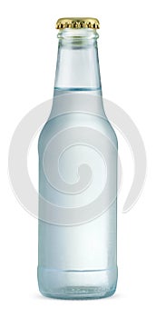 Transparent glass bottle of fresh still water isolated on white background