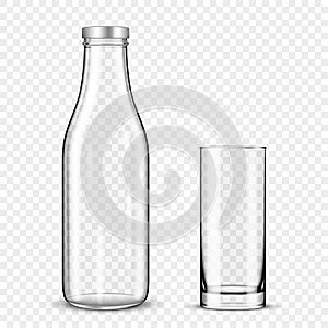 Transparent glass bottle and a glass cup for milk on a transparent background