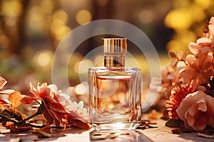 Transparent glass bottle of perfume on background with flowers outdoors. Elegant luxury fragrance presentation with