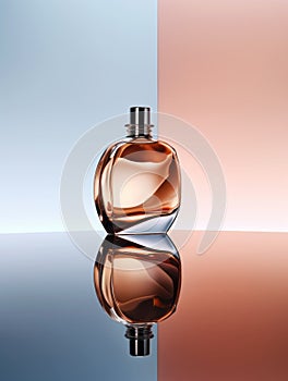 Transparent glass bottle of perfume. Luxury fragrance presentation, trending minimal studio shot, perfumery ad photo