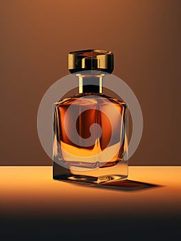 Transparent glass bottle of perfume. Luxury fragrance presentation, trending minimal studio shot, perfumery ad photo