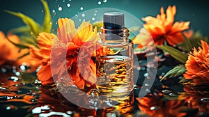 A transparent glass bottle of perfume set against a natural background photo