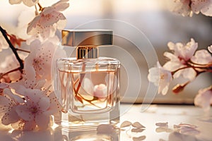 Transparent glass bottle of perfume standing on background with white blooming tree branches. Elegant luxury fragrance