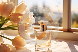 Transparent glass bottle of perfume standing on table with vase full of ivory tulips. Soft spring sunlight from the