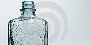 Transparent glass bottle with small drops on white background