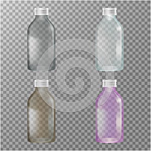 Transparent Glass Bottles. Dairy products. Empty and closed jars. Vector set of four images.
