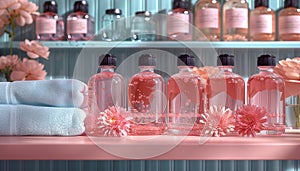 Transparent glass bottles filled with a pink liquid and adorned with gerbera flowers on a shelf