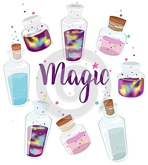 Transparent glass bottles set with liquid space and magic liquid